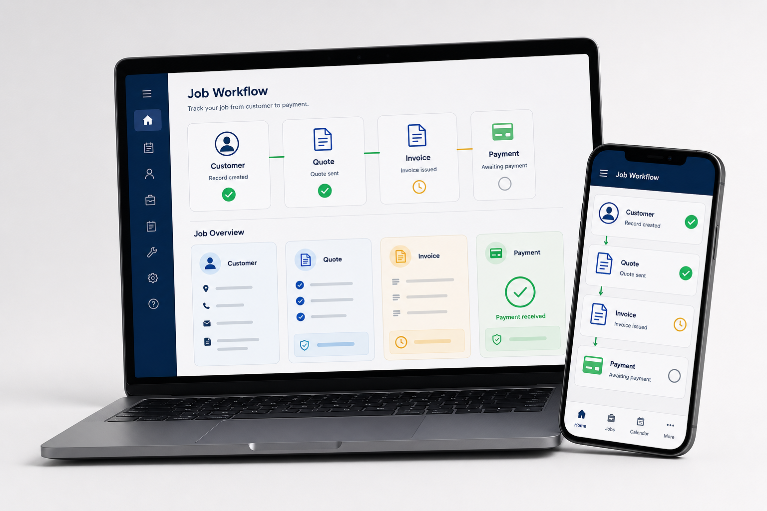 Illustrative MyTradieOS concept showing a job workflow across laptop and mobile.