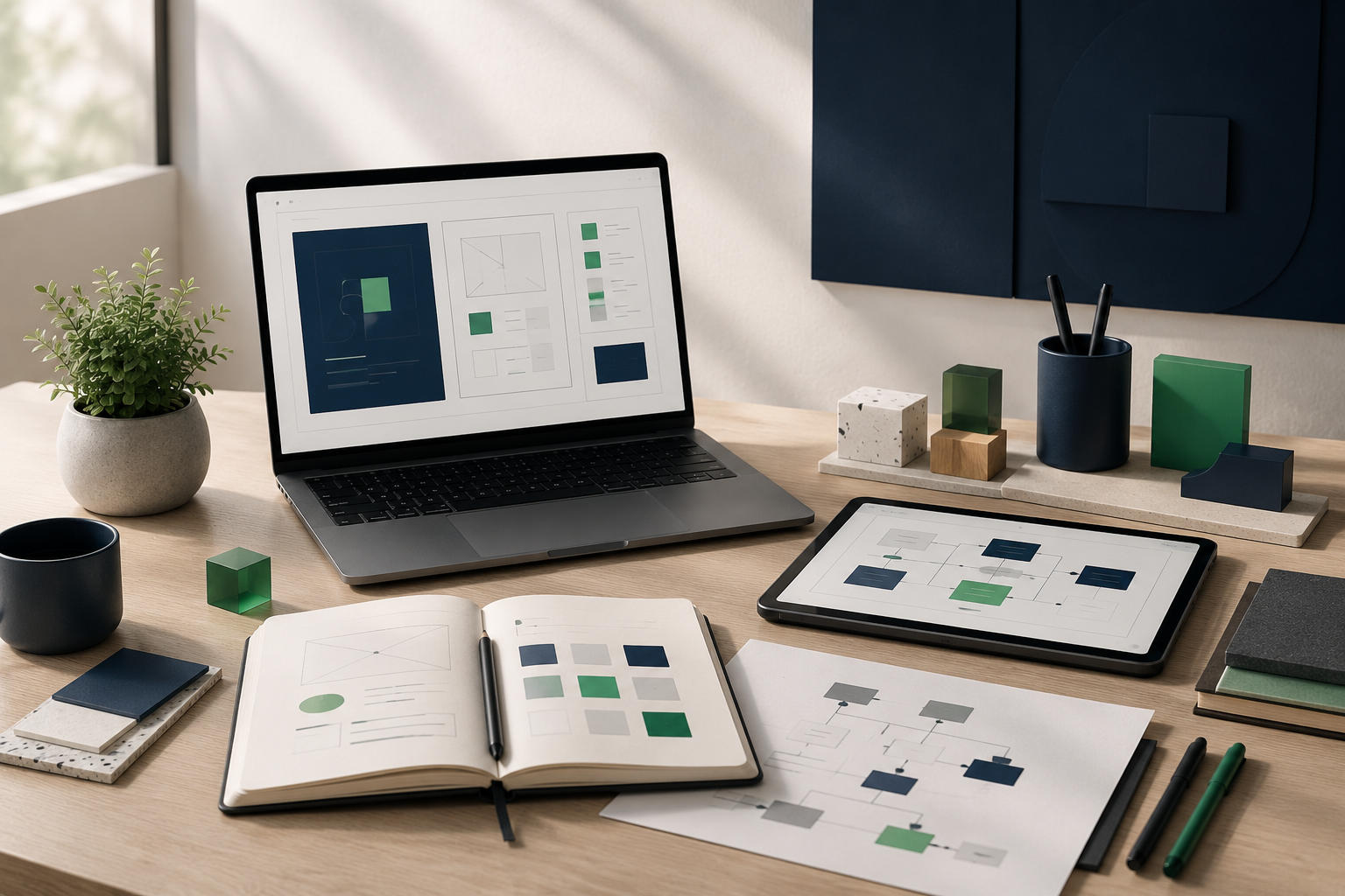Founder-led software studio workspace with product research, interface planning and workflow design.